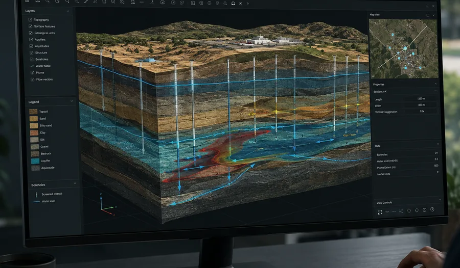 3D conceptual hydrogeological model showing geological units, aquifers, monitoring bores, groundwater flow and potential pathways