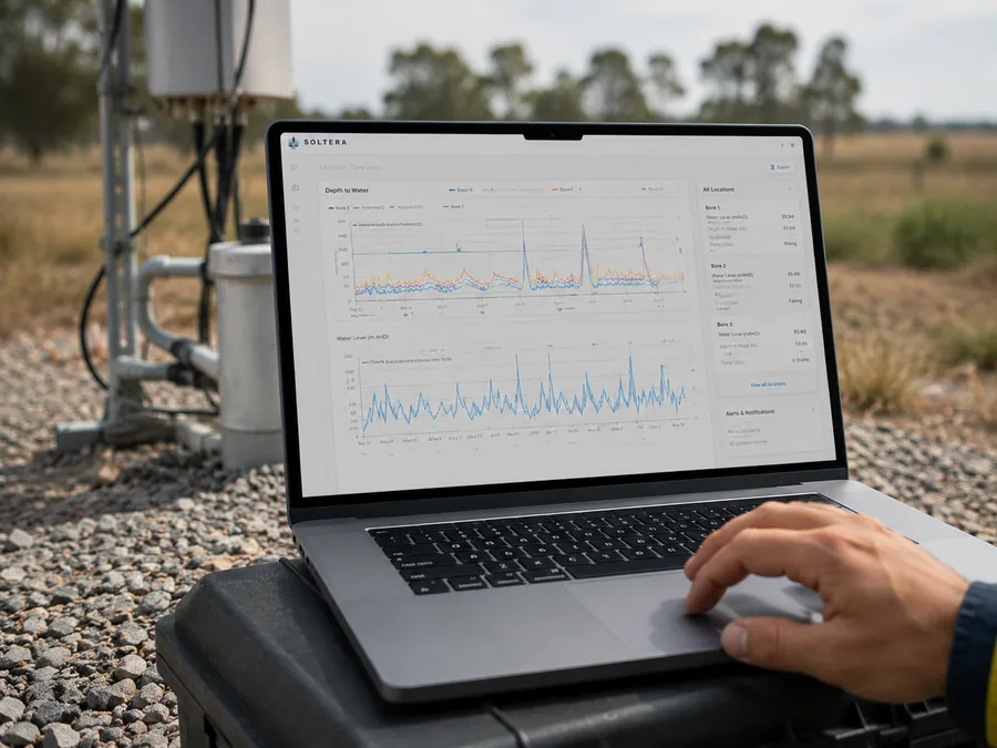 Groundwater monitoring dashboard displayed on a laptop in the field