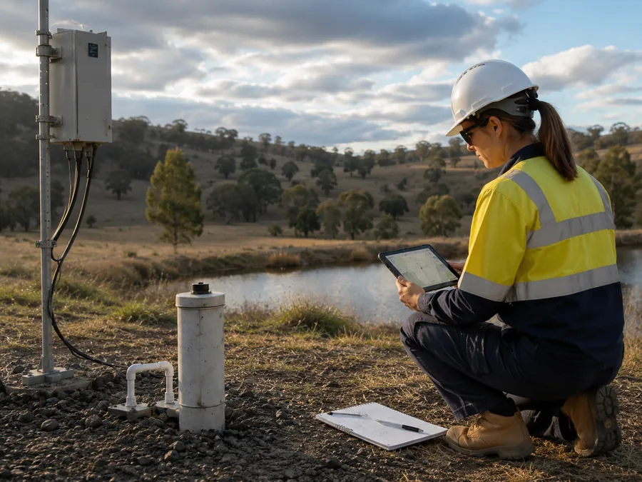 Field technician using a tablet near a groundwater site to support monitoring program design