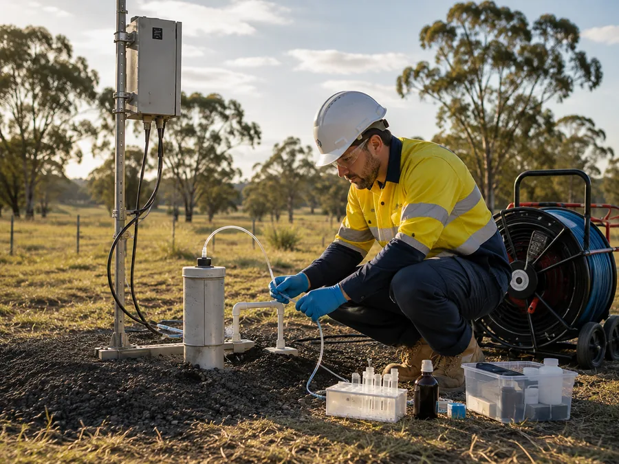 Groundwater field technician completing groundwater monitoring and sampling