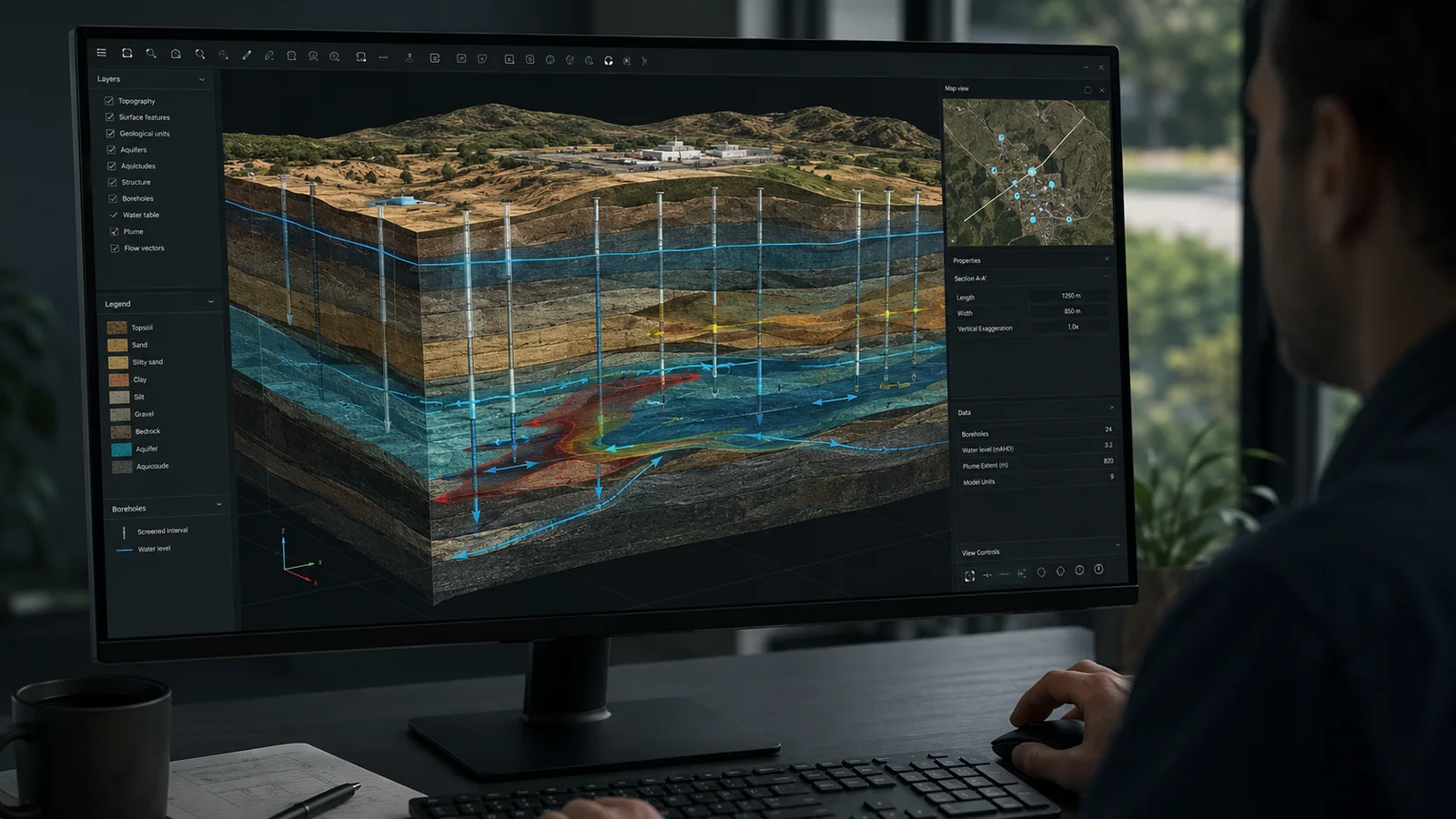 Illustrative 3D conceptual hydrogeological model on a workstation showing geological units, aquifers, monitoring bores, groundwater flow directions and a potential contaminant pathway